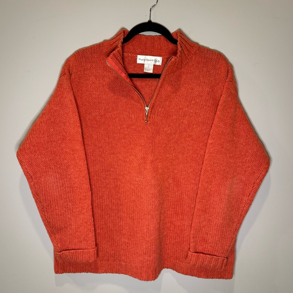Vintage‎ Wool Sweater, Paris Sport Club, 100% Shetland Wool, Coral, XL, EUC